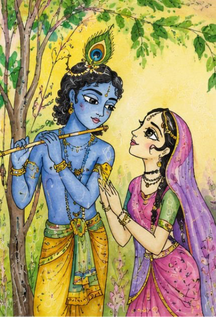 Krishna playing the flute beside Rādhā